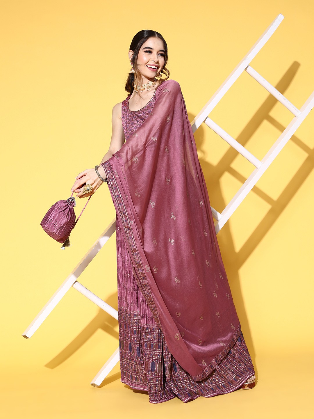 

Prakrti Mauve Printed Ready to Wear Lehenga & Blouse With Dupatta