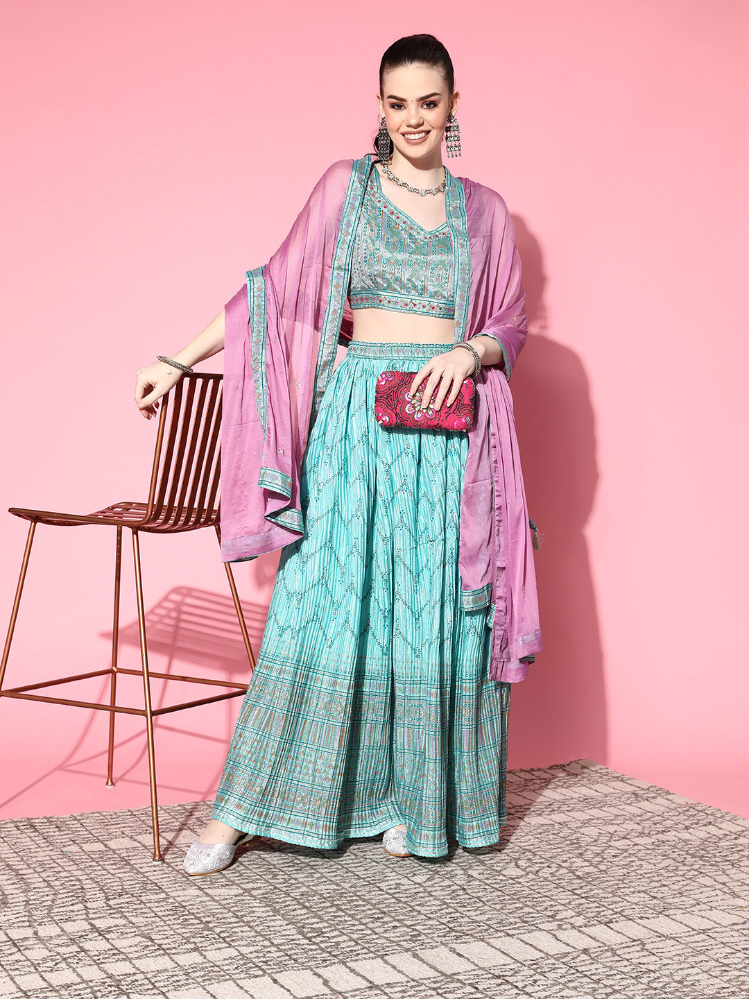 

Prakrti Sea Green Printed Ready to Wear Lehenga & Blouse With Dupatta