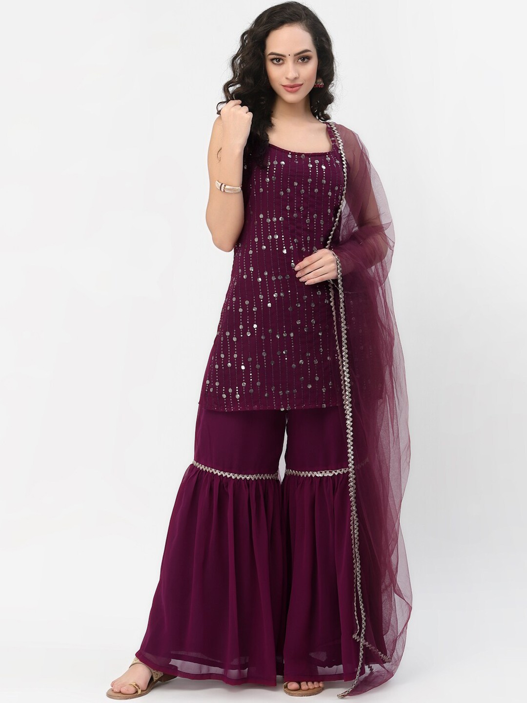 

studio rasa Women Purple Ethnic Motifs Embroidered Sequinned Kurti with Sharara & Dupatta