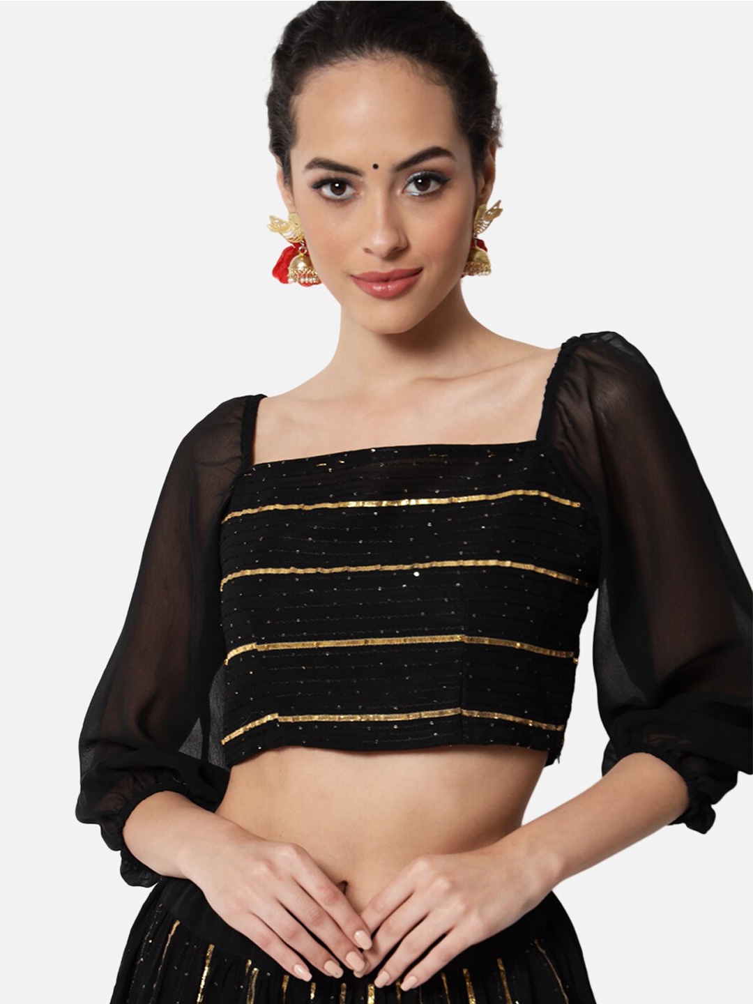 

studio rasa Women Black & Gold-Toned Embellished Georgette Crop Top