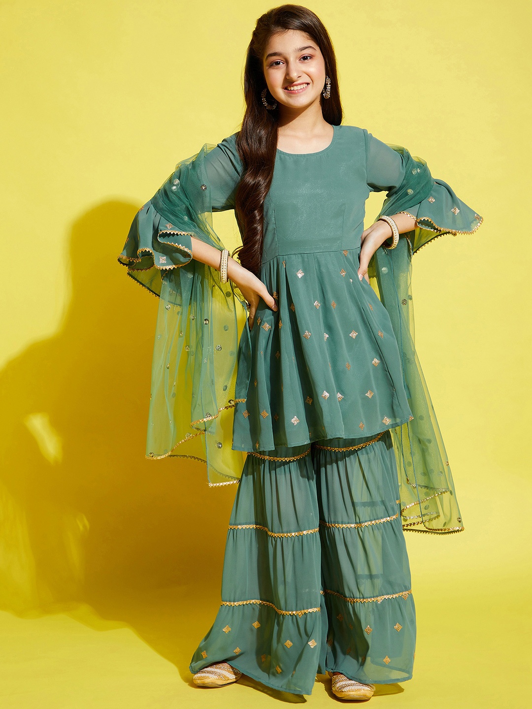 

Cherry & Jerry Girls Green Ethnic Motifs Embroidered Empire Kurta with Sharara & Dupatta