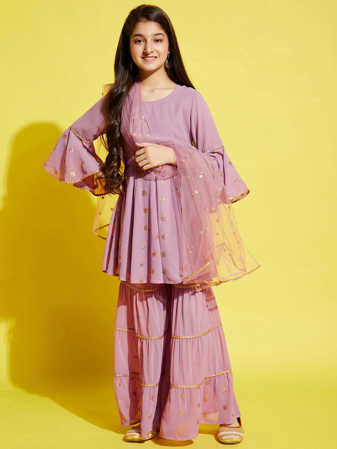 

Cherry & Jerry Girls Pink Ethnic Motifs Embroidered Empire Kurta with Sharara & Dupatta