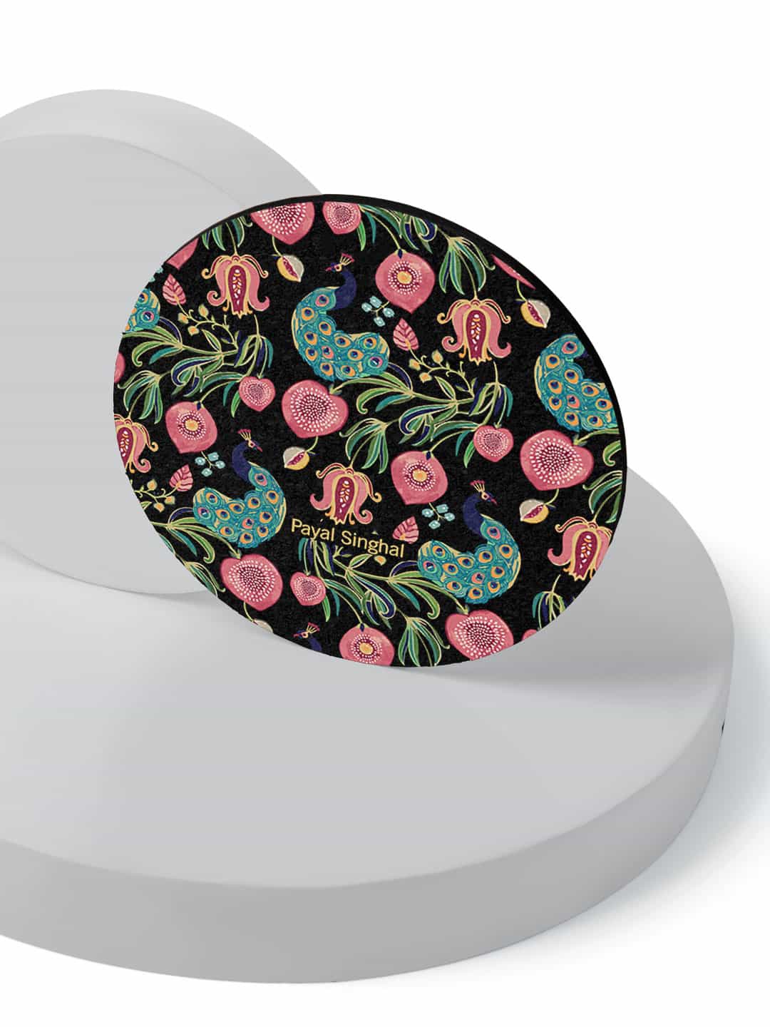 

macmerise Set Of 6 Black Payal Singhal Anaar and Mor Printed Circular Coasters