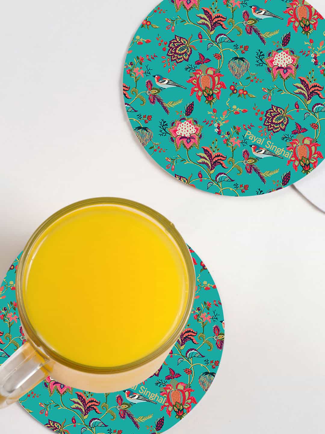

macmerise Set of 6 Teal Blue Payal Singhal Chidiya Printed Circular Coasters