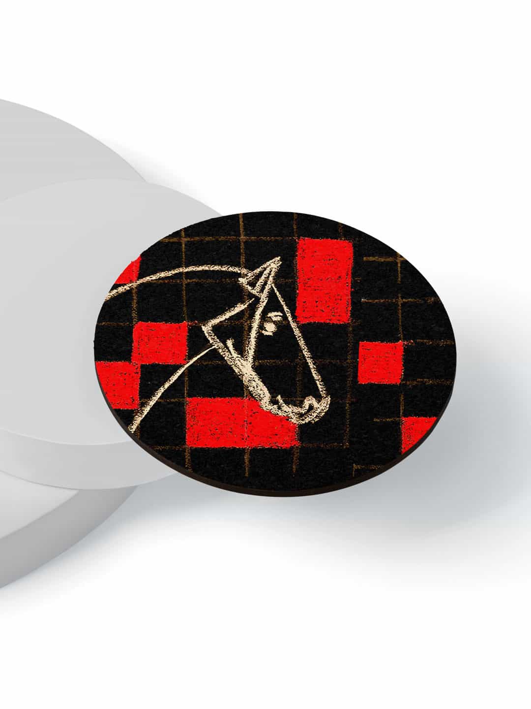 

macmerise pack Of 6 Black & Red Masaba Checkered Horse Printed Circular Coasters