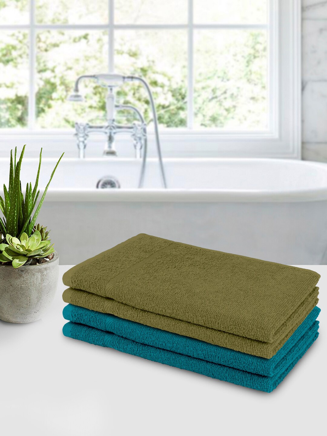 

Bedspun Pack Of 4 Green & Teal Blue Solid 350 GSM Terry Cotton Hand Towels