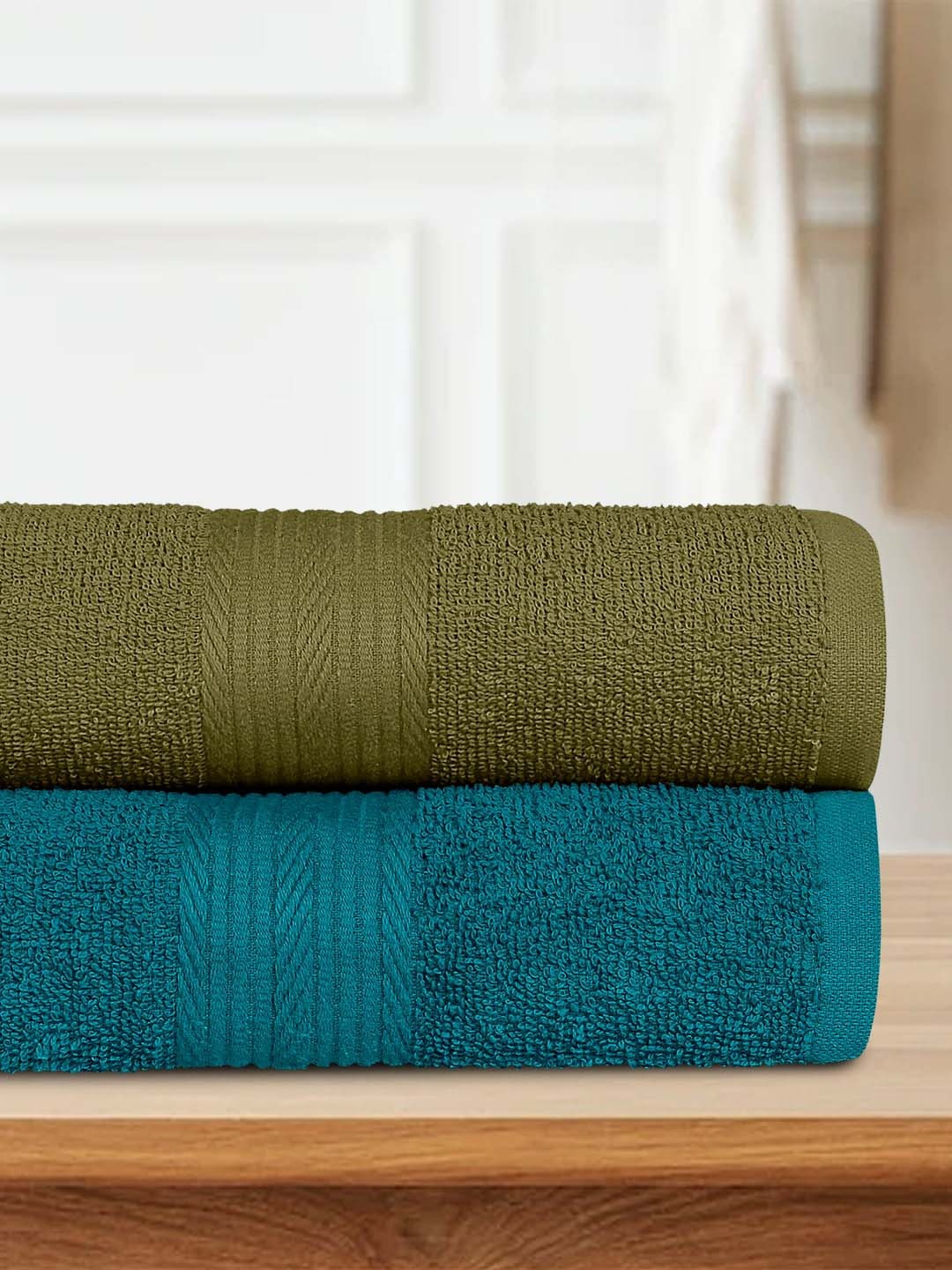 

Bedspun Set Of 2 Solid 350 GSM Terry Cotton Bath Towels, Green