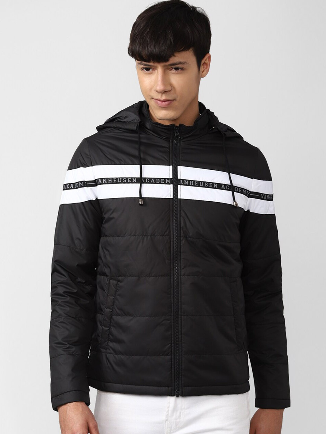 

Van Heusen ACADEMY Men Black White Typography Bomber Jacket