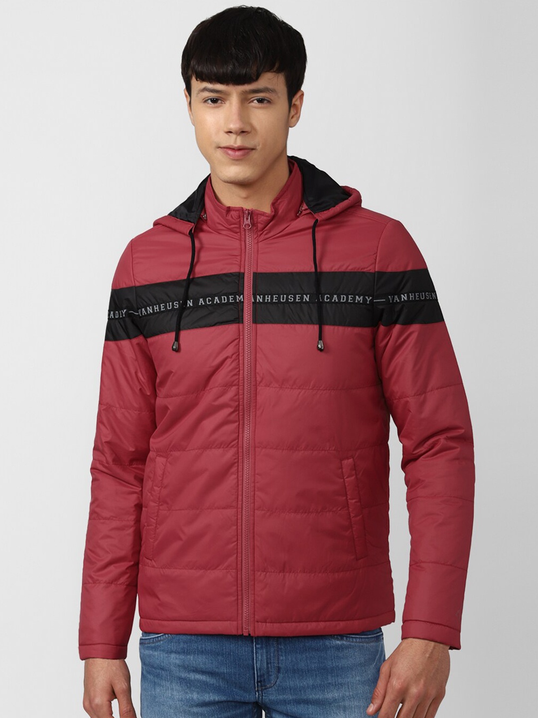 

Van Heusen ACADEMY Men Maroon & Black Colourblocked Padded Jacket