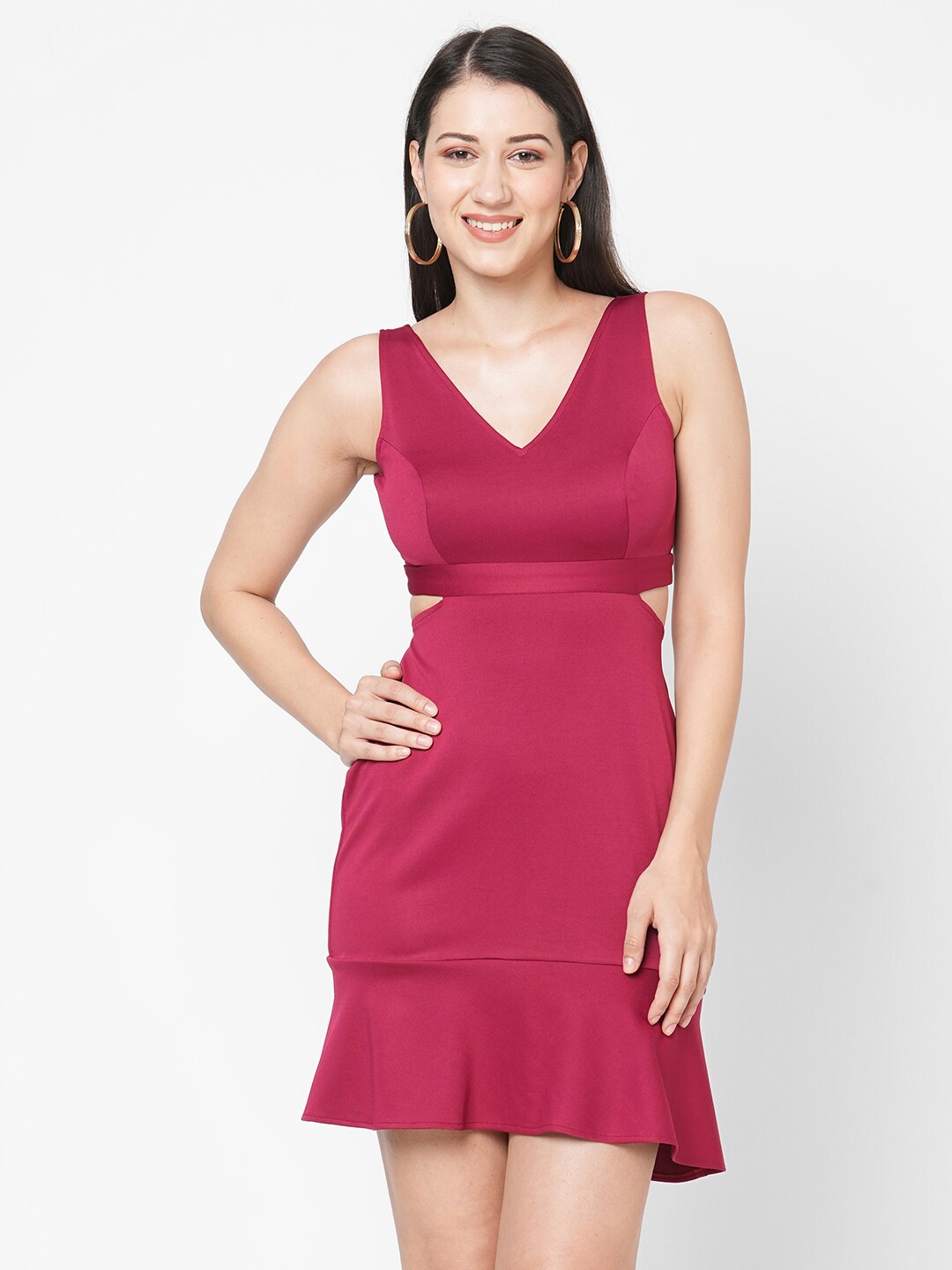 

MISH Women Fuchsia Solid Flounce Sheath Dress