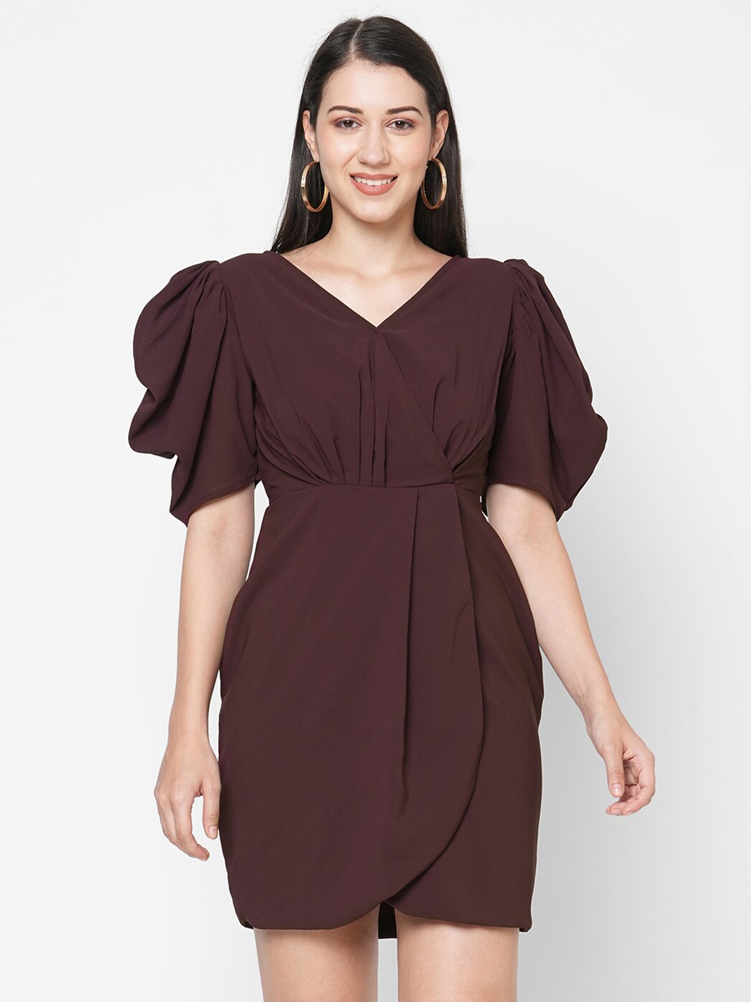 

MISH Women Brown Solid Puff Sleeves Wrap Dress