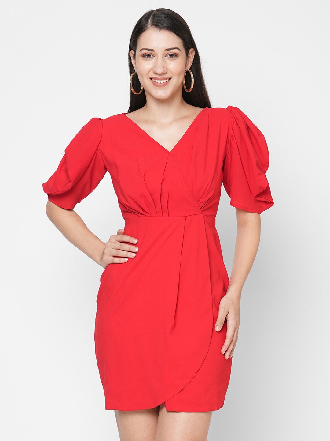 

MISH Women Red Solid Puff Sleeves Wrap Dress