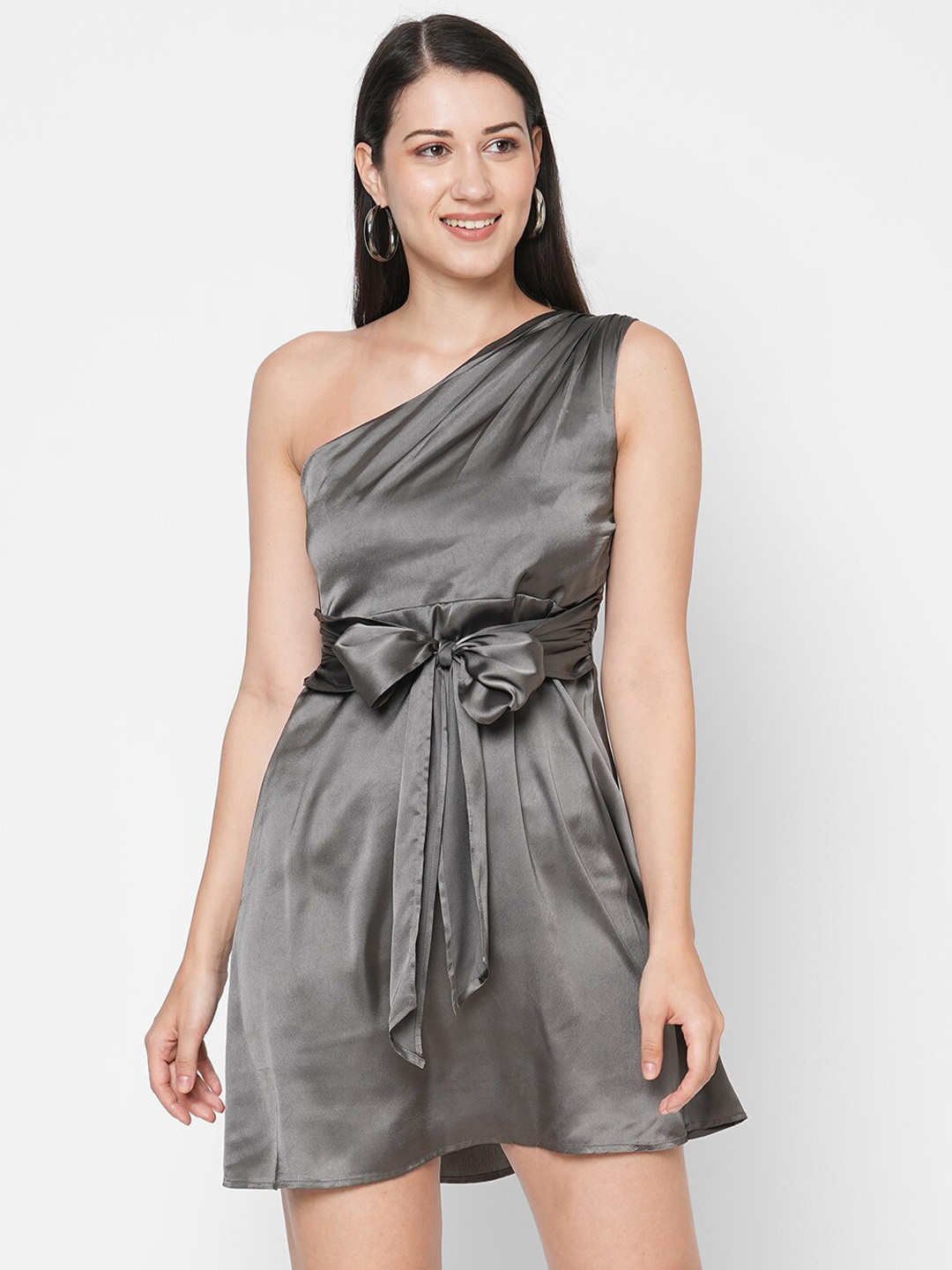 

MISH Women Charcoal Solid One Shoulder Fit & Flare Dress
