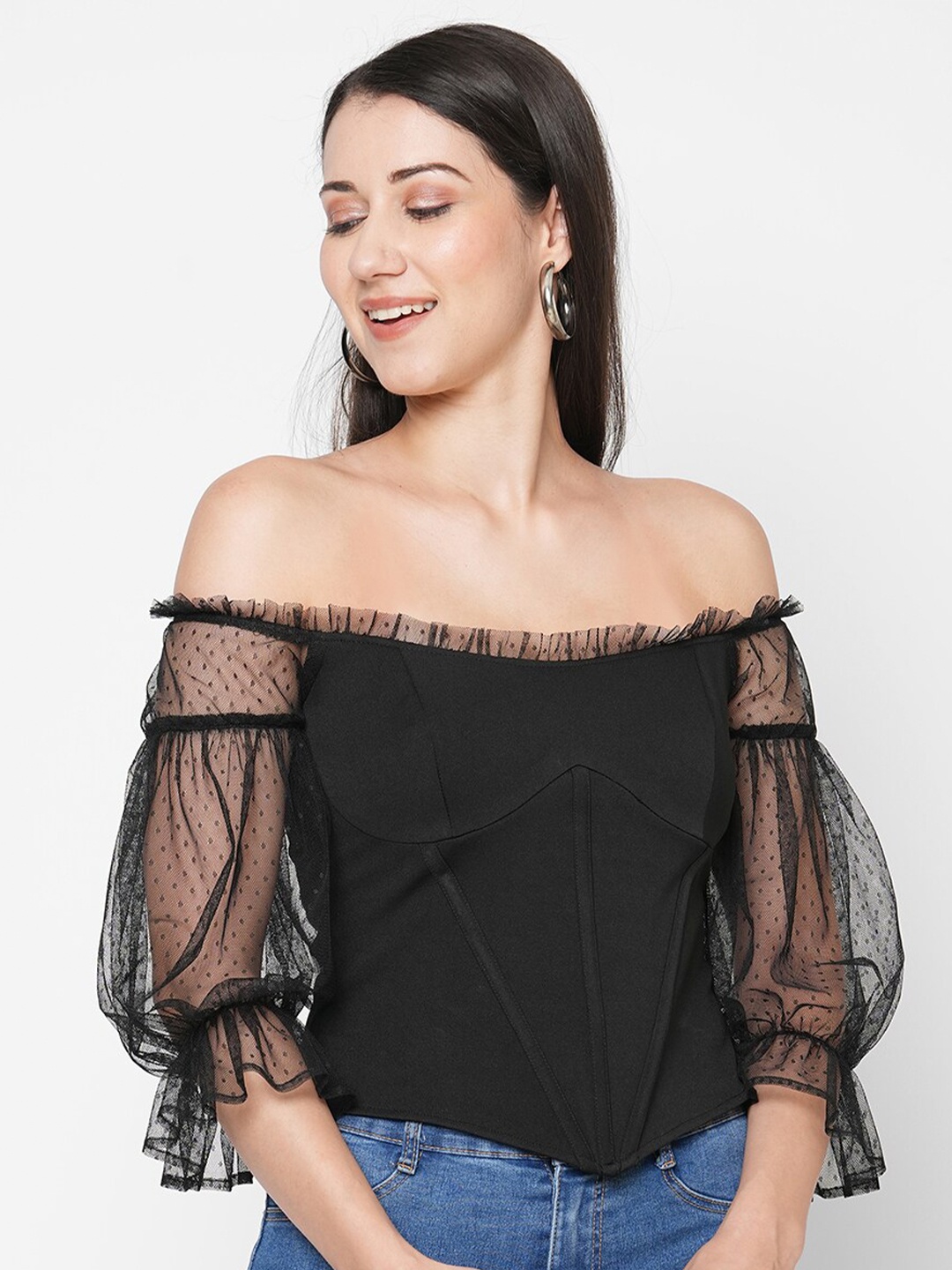 

MISH Black Off-Shoulder Ruffles Bardot Top