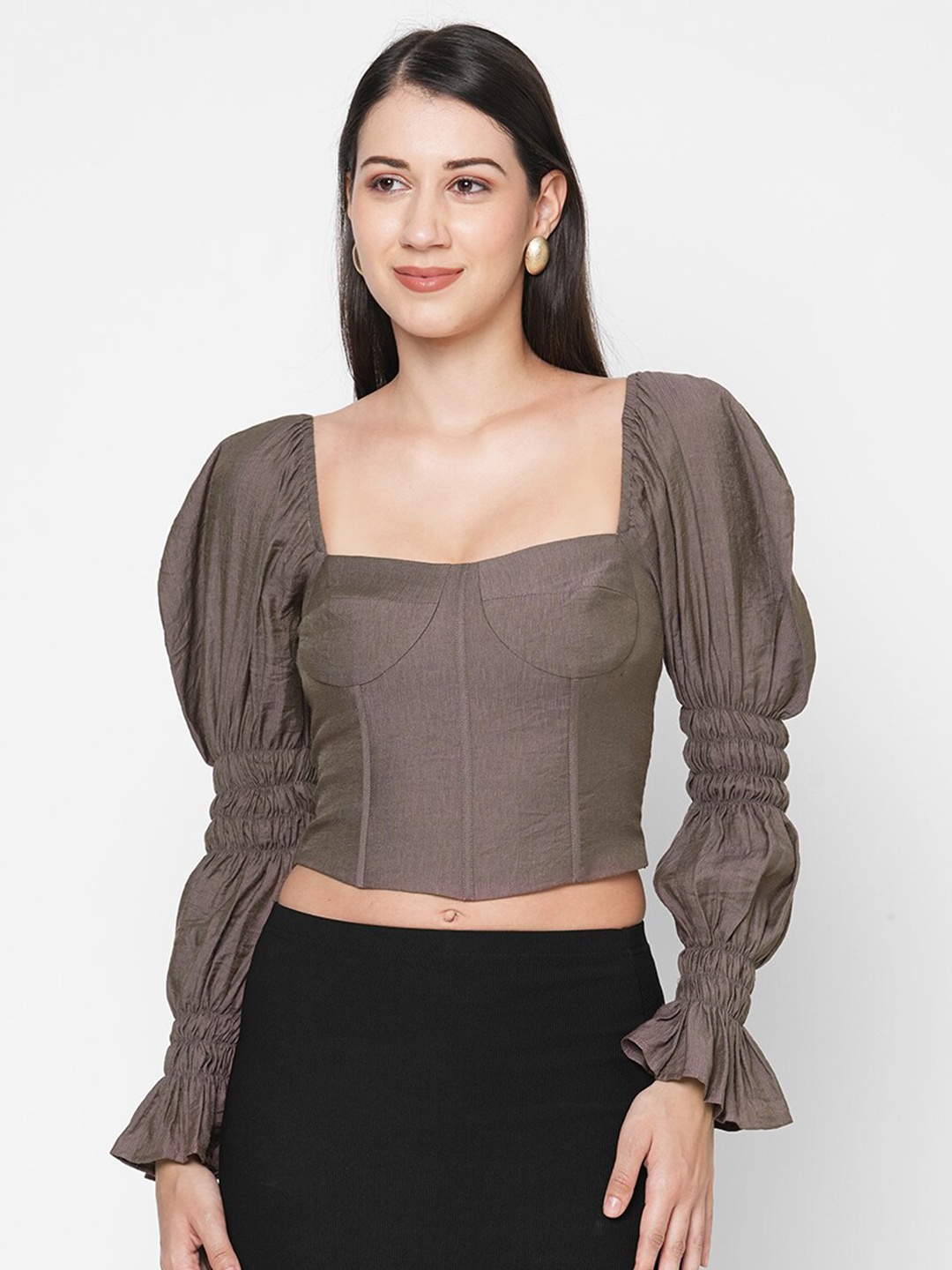 

MISH Brown Solid Fitted Crop Top