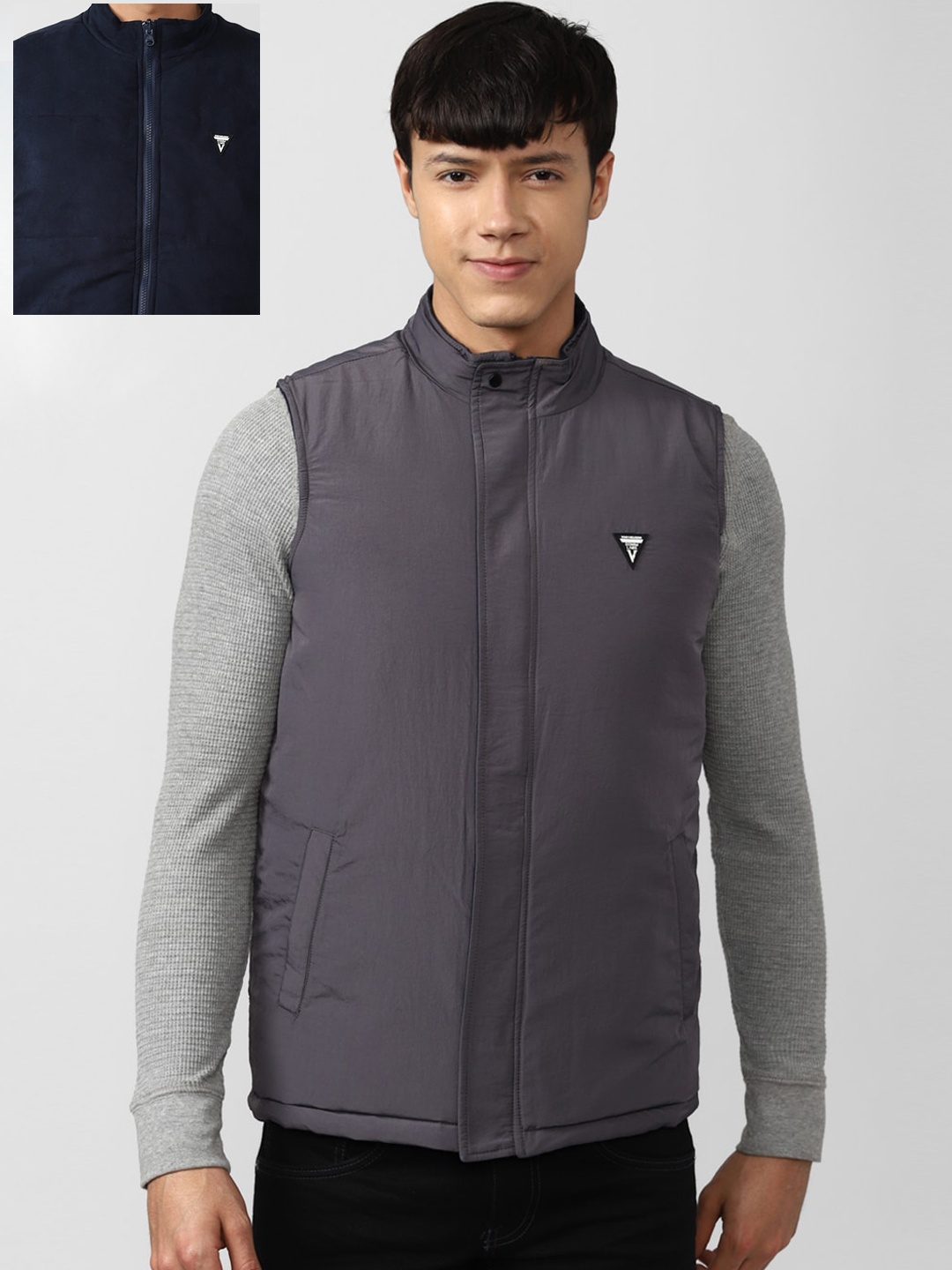 

VAN HEUSEN DENIM LABS Men Navy Blue & Grey Reversible Bomber Jacket