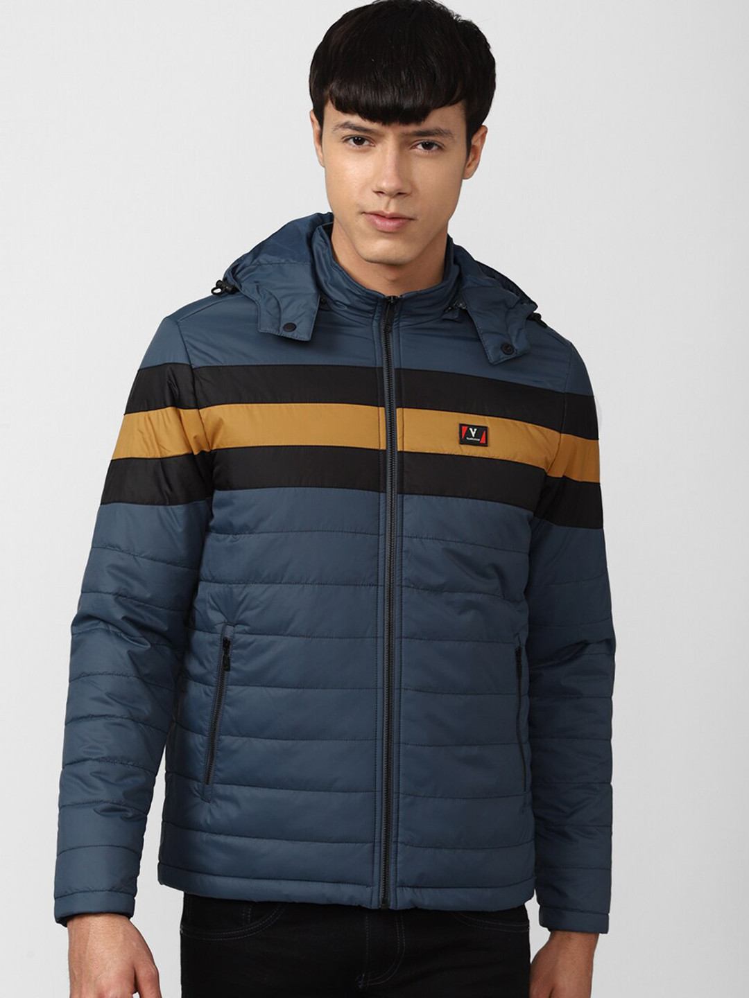 

Van Heusen Sport Men Navy Blue & Yellow Solid Padded Jacket