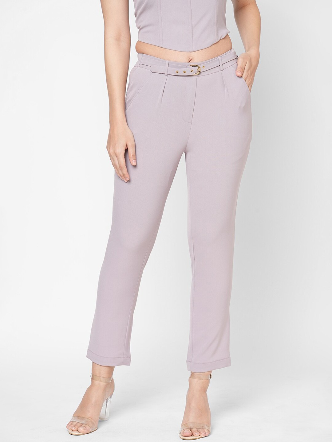 

MISH Women Lavender Smart Straight Fit Easy Wash Pleated Trouser