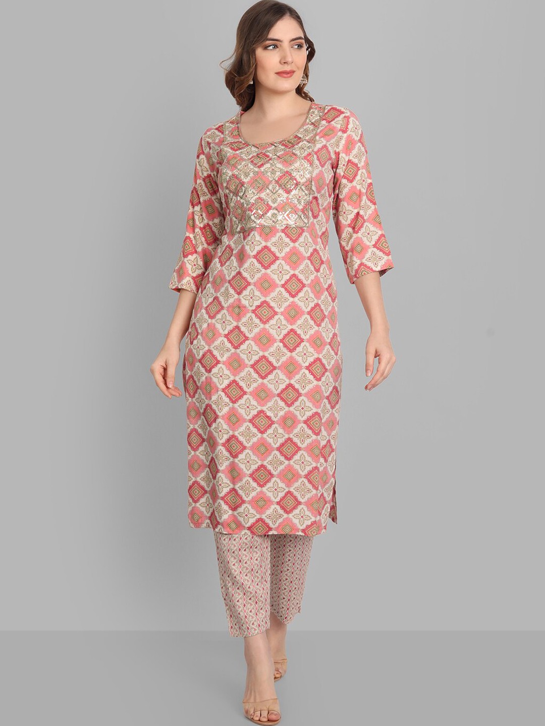 

SINGNI Women Pink Ethnic Motifs Embroidered Sequinned Kurta with Trousers