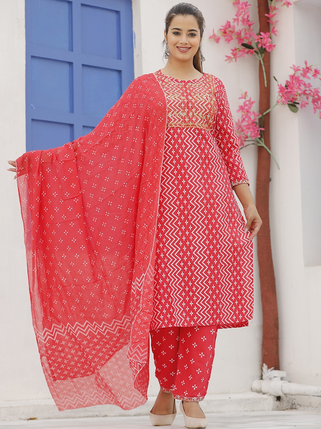 

SINGNI Women Red Embroidered Kurta with Trousers & Dupatta