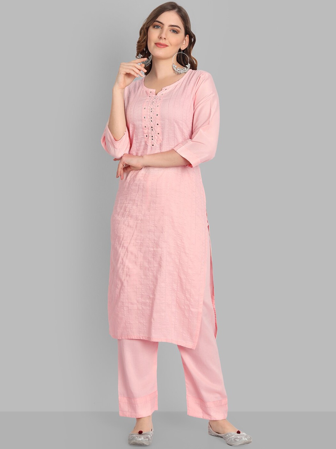 

SINGNI Women Pink Yoke Design Mirror Work Pure Silk Kurta with Trousers