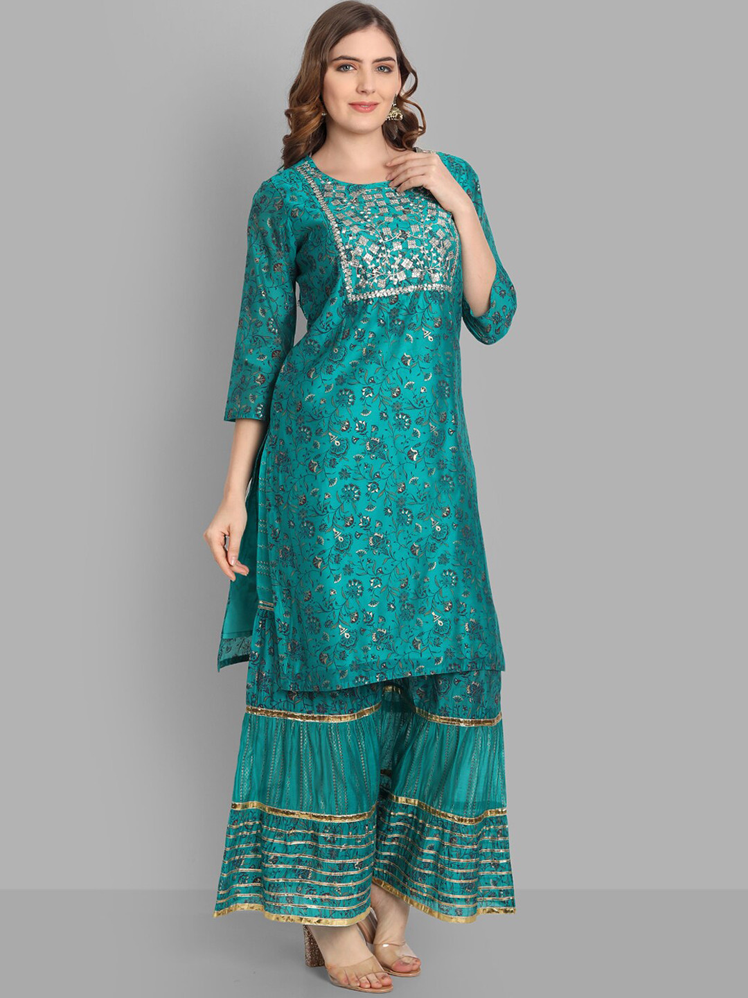 

SINGNI Women Turquoise Blue Ethnic Motifs Chanderi Cotton Kurta with Sharara & Dupatta