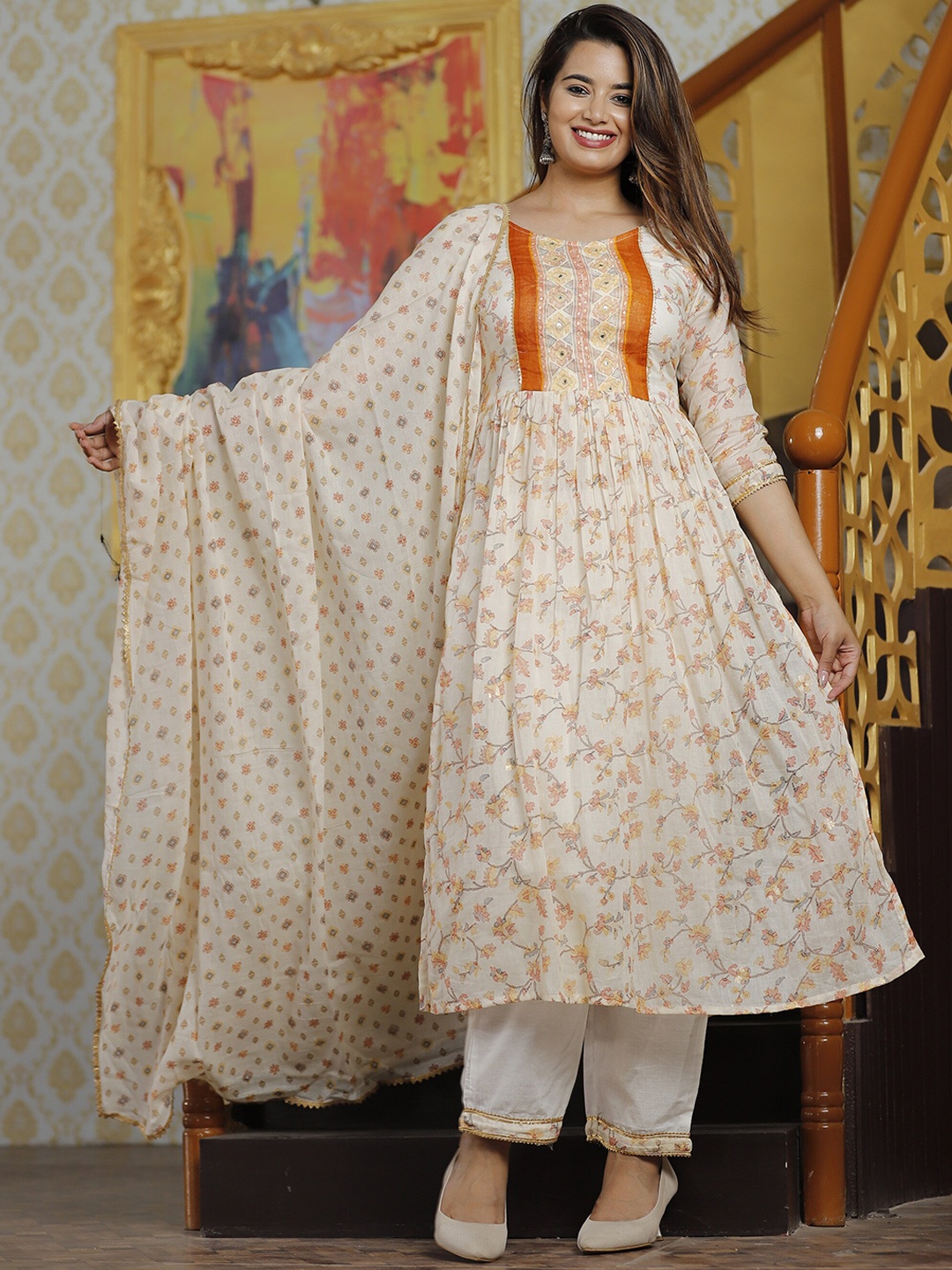

SINGNI Women Beige Ethnic Motifs Mirror Work Pure Cotton Kurta with Trousers & Dupatta