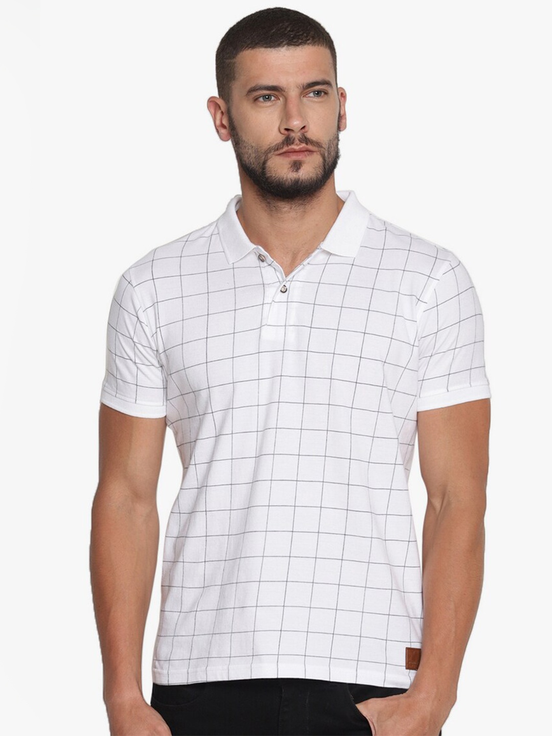 

Steenbok Men White Checked Polo Collar T-shirt