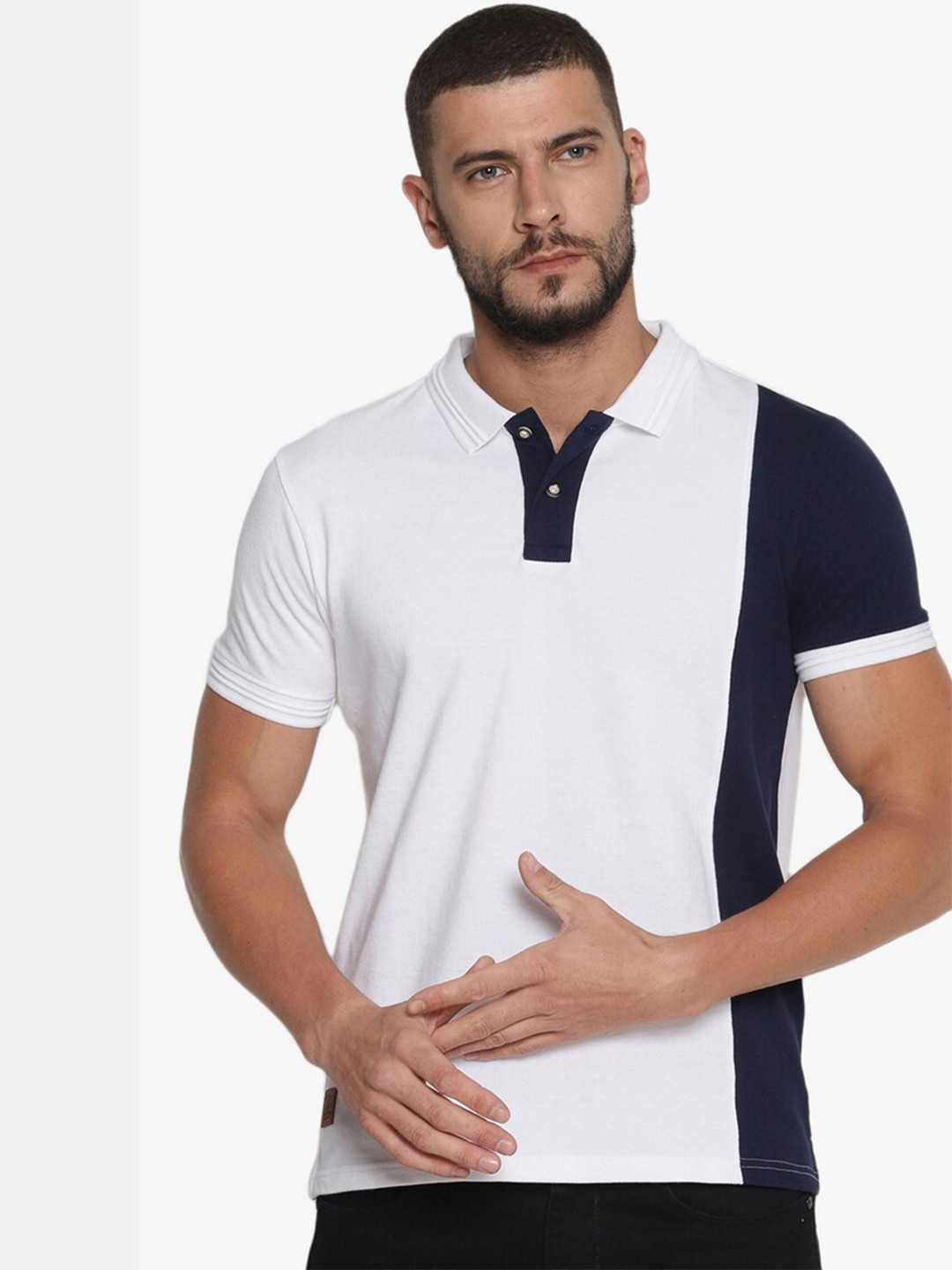 

Steenbok Men Blue Colourblocked Polo Collar T-shirt