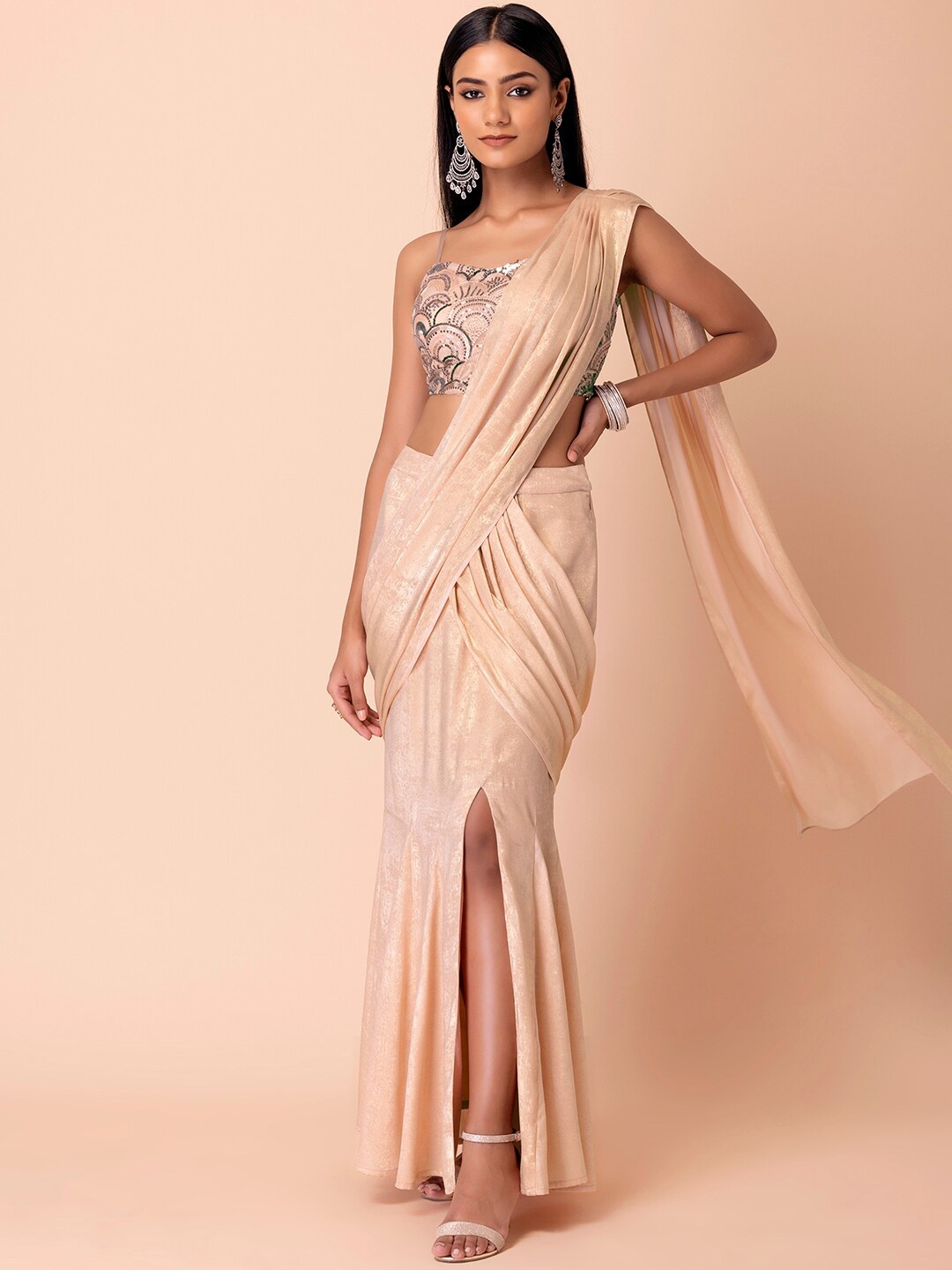 

Indya Luxe Pink & Silver-Toned Satin Saree With Sequin Embroidered Blouse