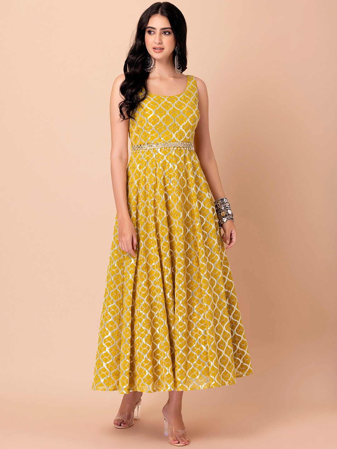 

Indya Luxe Yellow Ethnic Motifs Embroidered Georgette Ethnic Maxi Dress