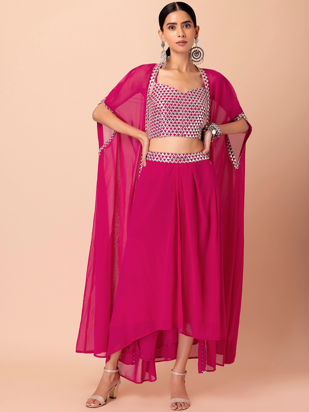 

Indya Luxe Women Pink Embroidered Pleated Top with Skirt Jacket Set