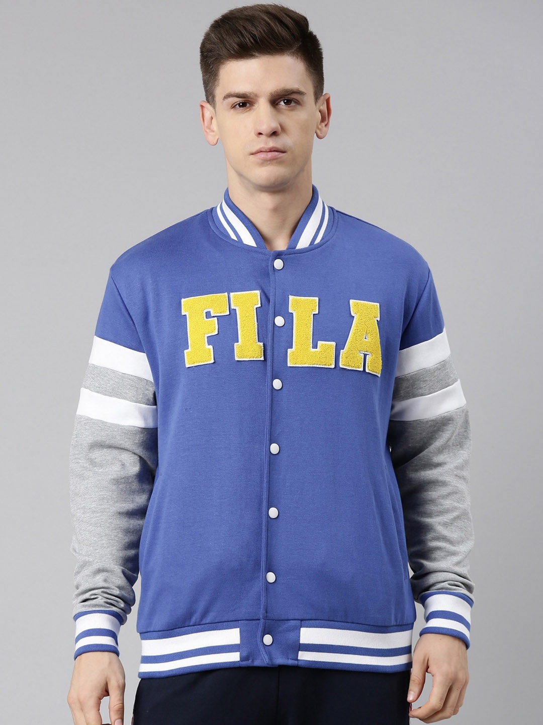 

FILA Men Blue Grey Colourblocked Varsity Jacket