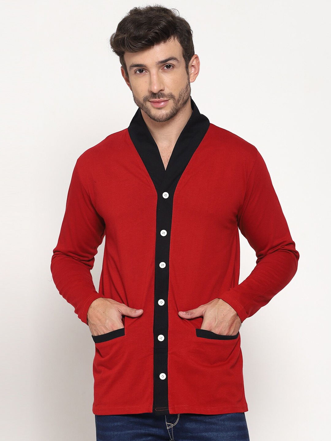 

PAUSE SPORT Men Maroon & Black V-Neck Cardigan
