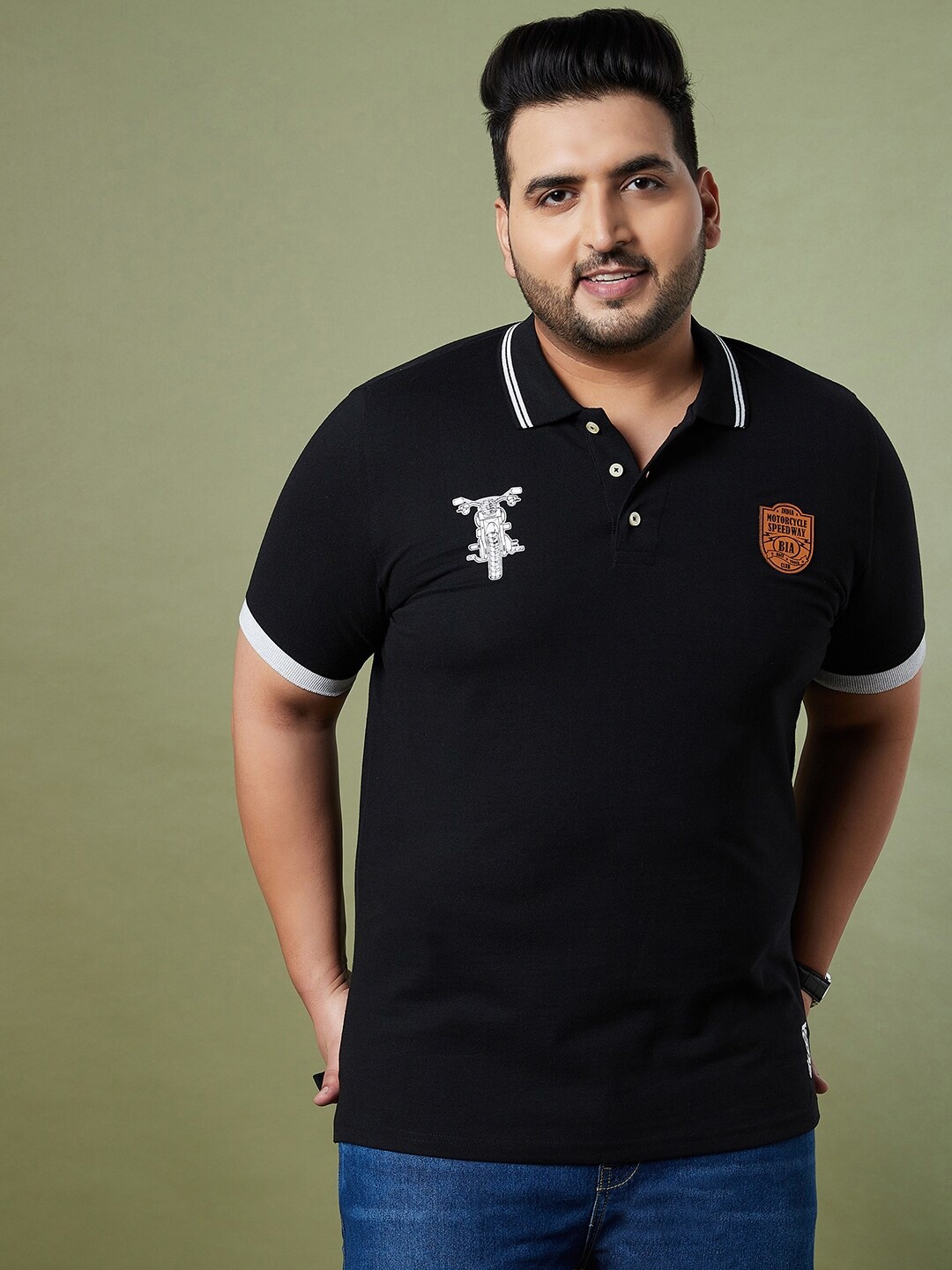 

bigbanana Men Plus Size Black Polo Collar Bio Finish T-shirt