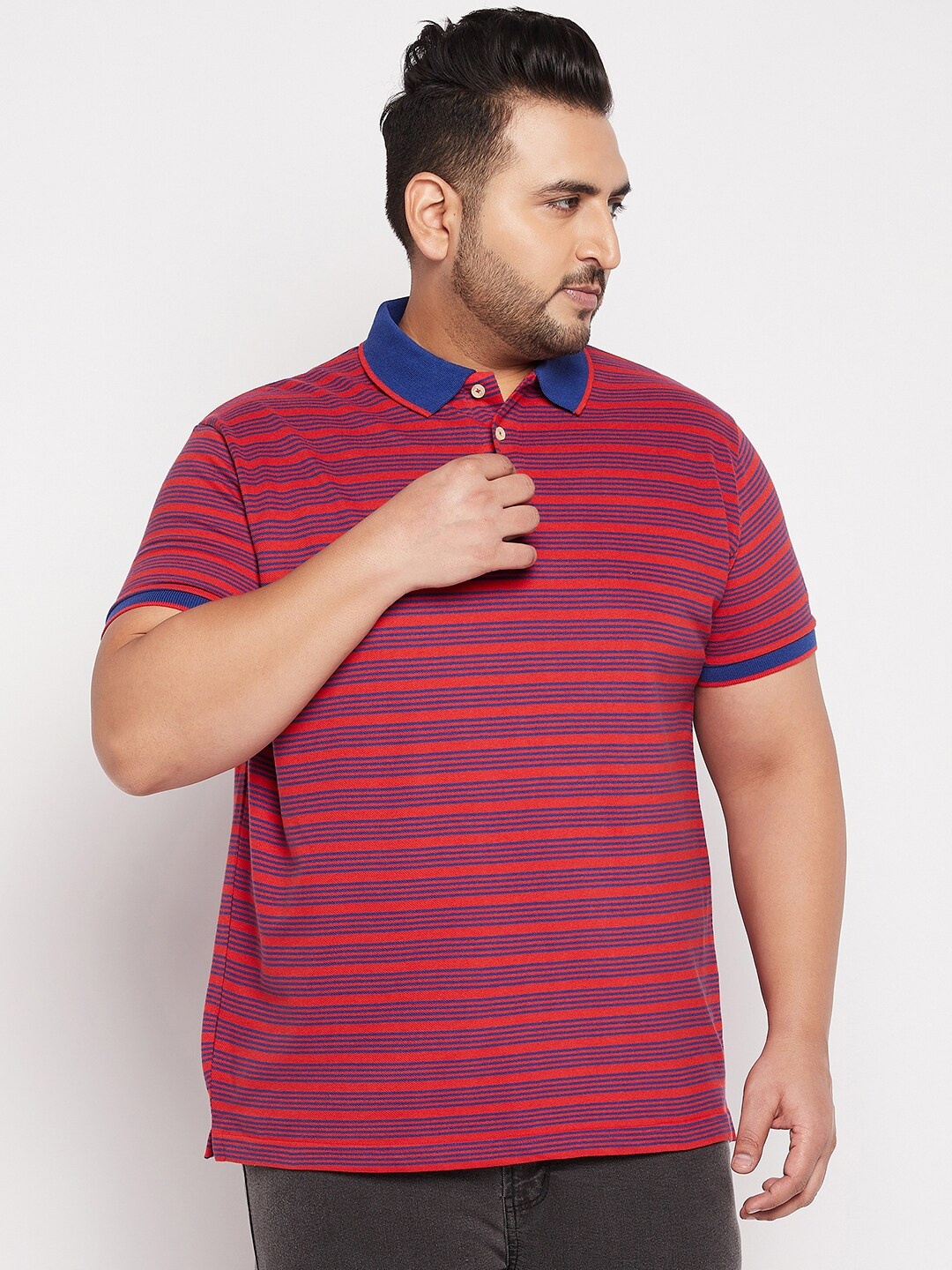

bigbanana Men Plus Size Red & Blue Striped Polo Collar Pure Cotton T-shirt