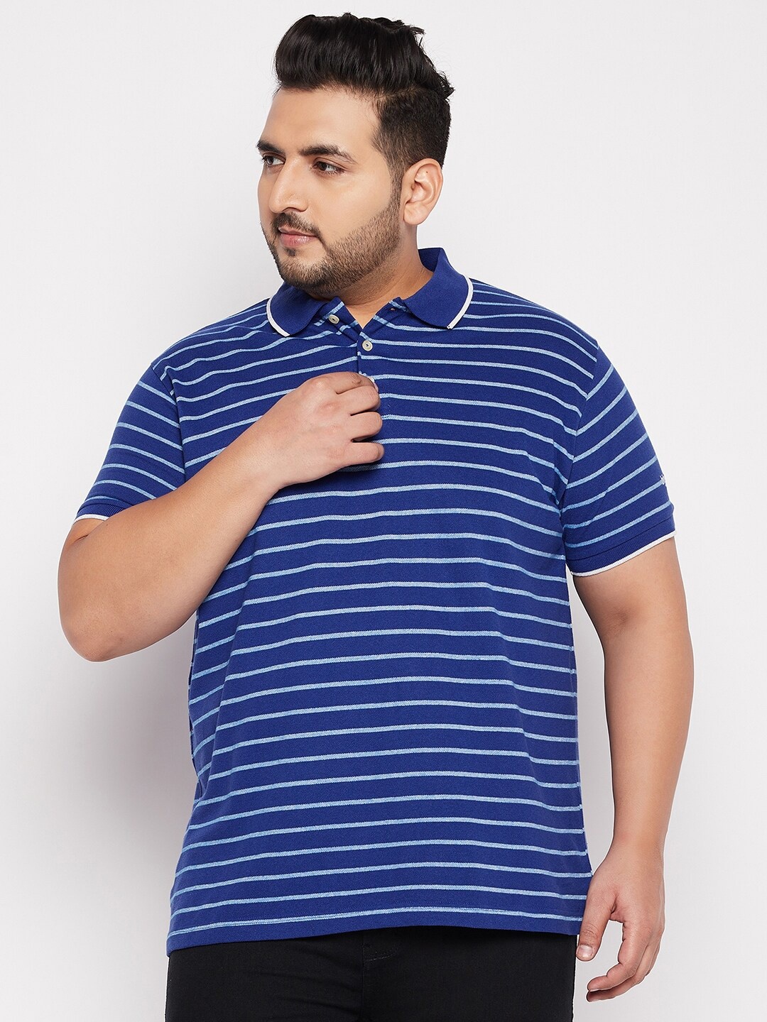 

bigbanana Men Plus Size Blue & White Striped Polo Collar Pure Cotton T-shirt