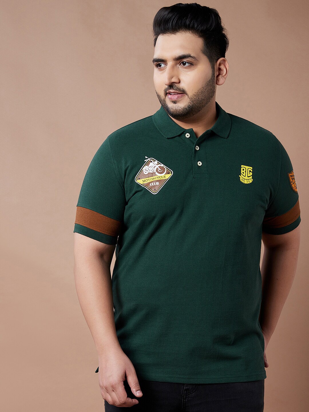 bigbanana Men Plus Size Green Polo Collar Pure Cotton Pure Cotton T-shirt