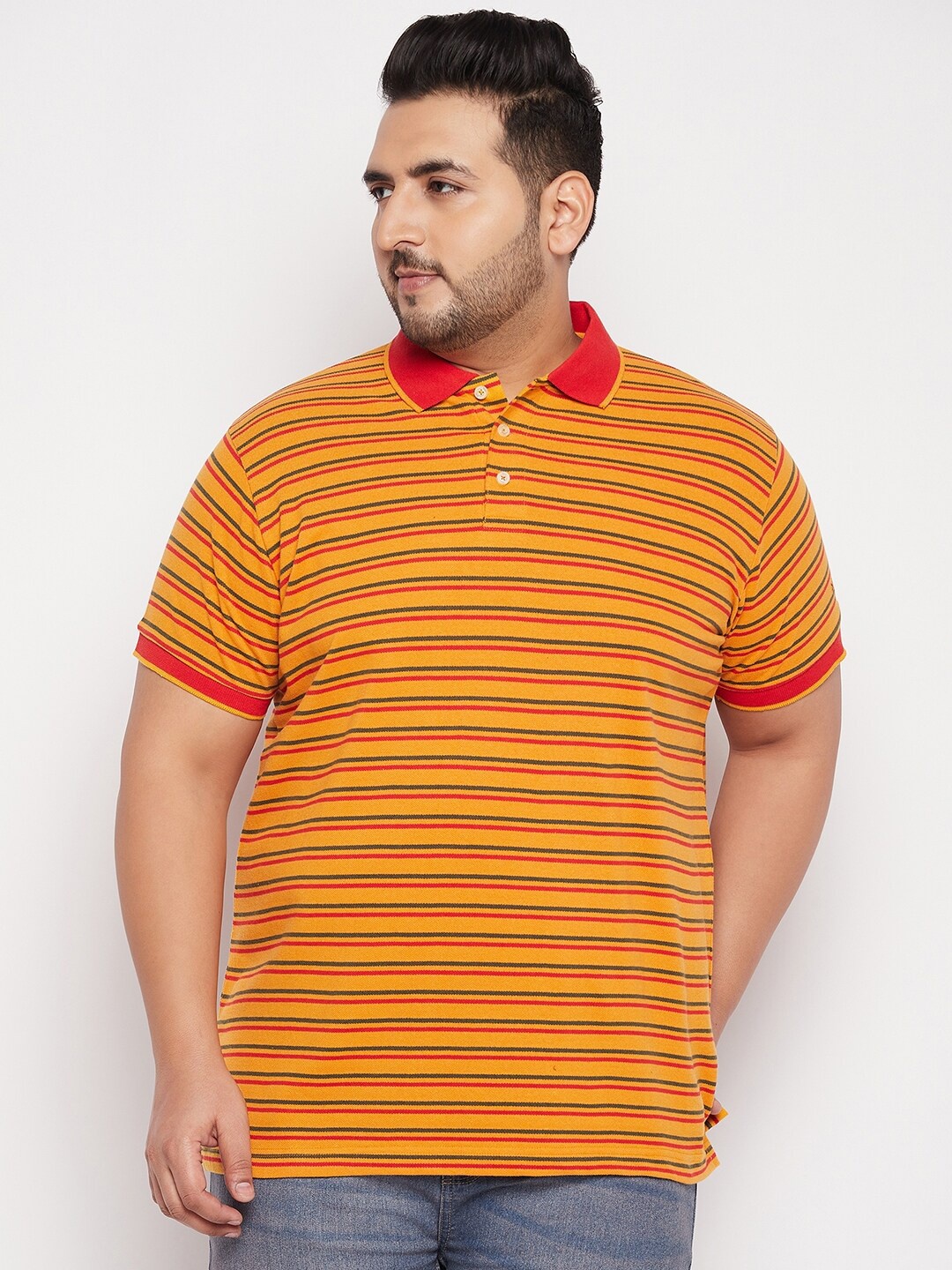 

bigbanana Men Plus Size Mustard Yellow & Red Striped Polo Collar Pure Cotton T-shirt