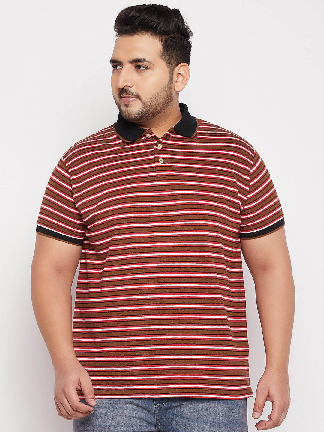 

bigbanana Men Plus Size Brown & White Striped Polo Collar Pure Cotton T-shirt