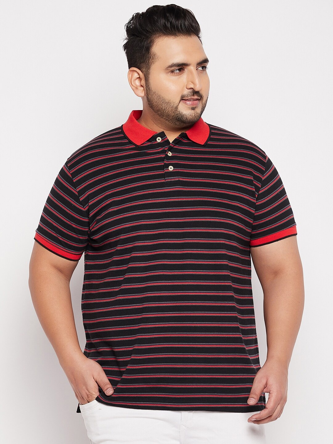 

bigbanana Men Plus Size Black & Red Striped Polo Collar Pure Cotton T-shirt