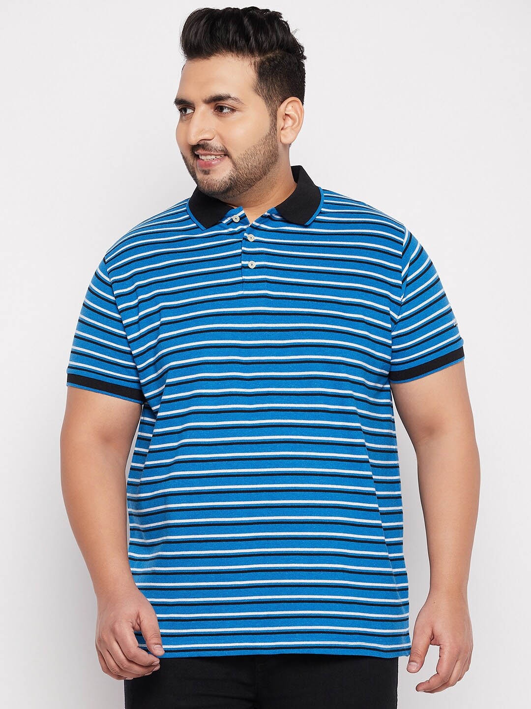 

bigbanana Men Plus Size Blue & White Striped Polo Collar Pure Cotton T-shirt