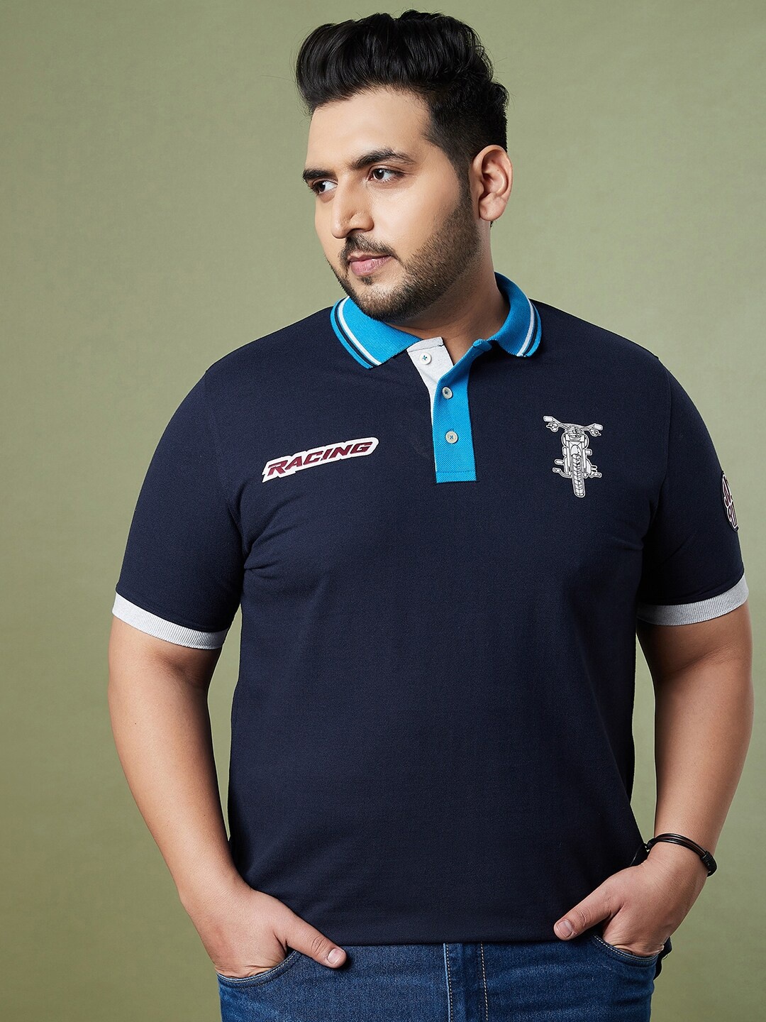 

bigbanana Men Plus Size Navy Blue Solid Polo Collar Pure Cotton T-shirt