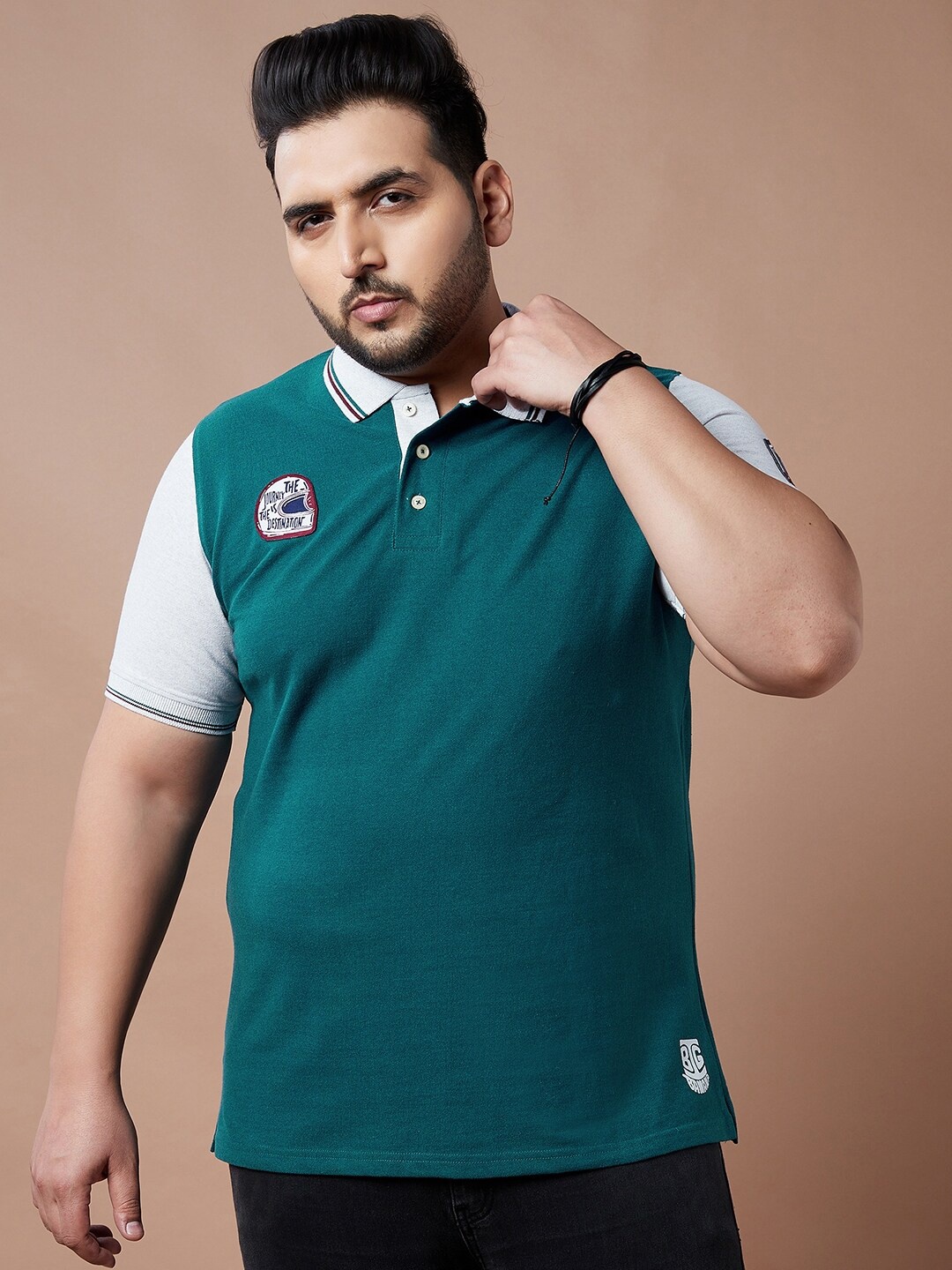 

bigbanana Men Plus Size Teal & White Colourblocked Polo Collar Pure Cotton T-shirt