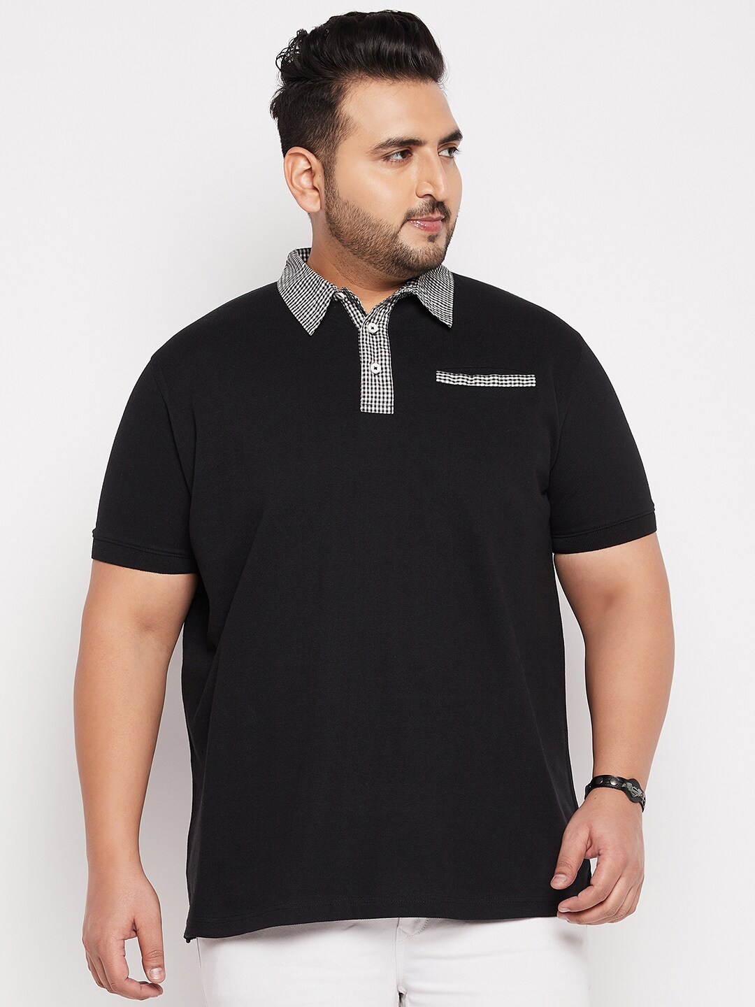 bigbanana Men Plus Size Black Polo Collar Bio Finish Pure Cotton T-shirt