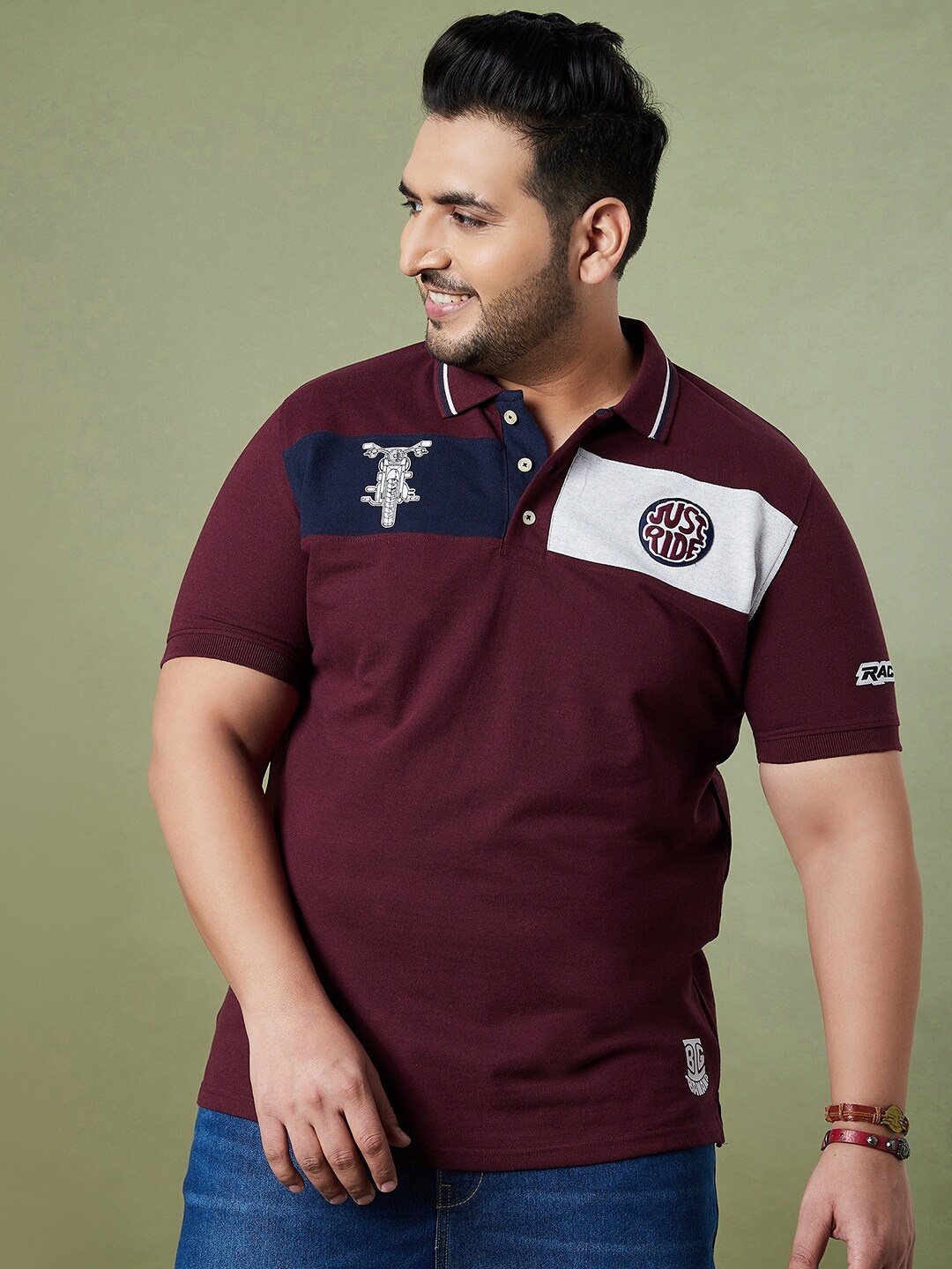 

bigbanana Men Plus Size Maroon Colourblocked Polo Collar Pure Cotton T-shirt