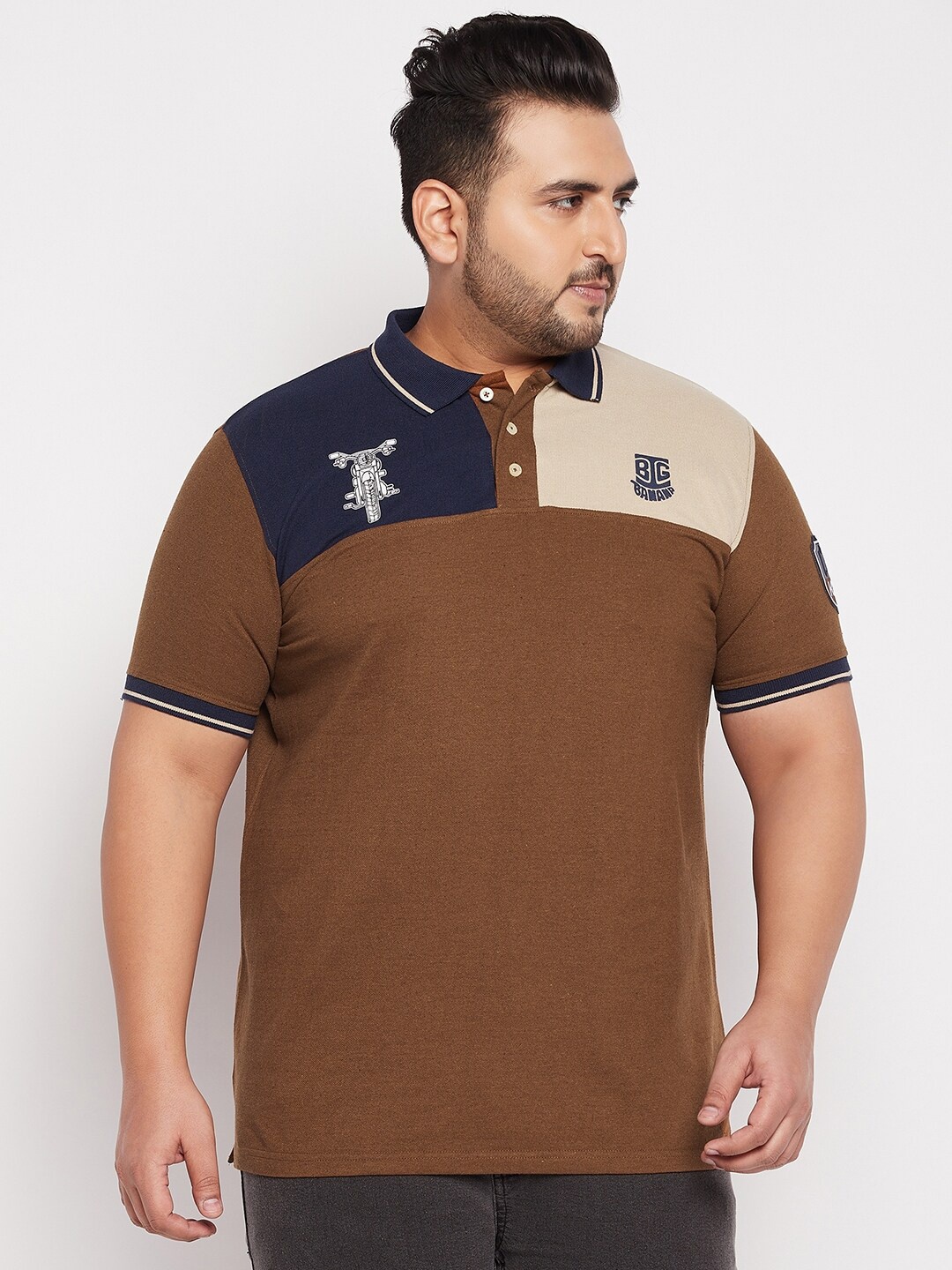 

bigbanana Men Plus Size Brown & Navy Blue Colourblocked Polo Collar Pure Cotton T-shirt