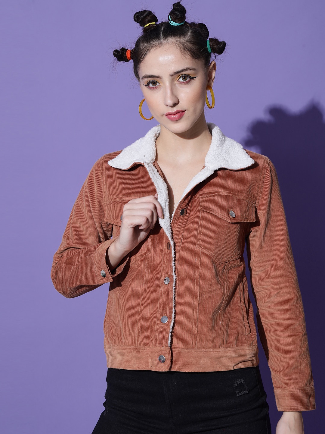 The Dry State Women Brown Off White Corduroy Crop Tailored Jacket