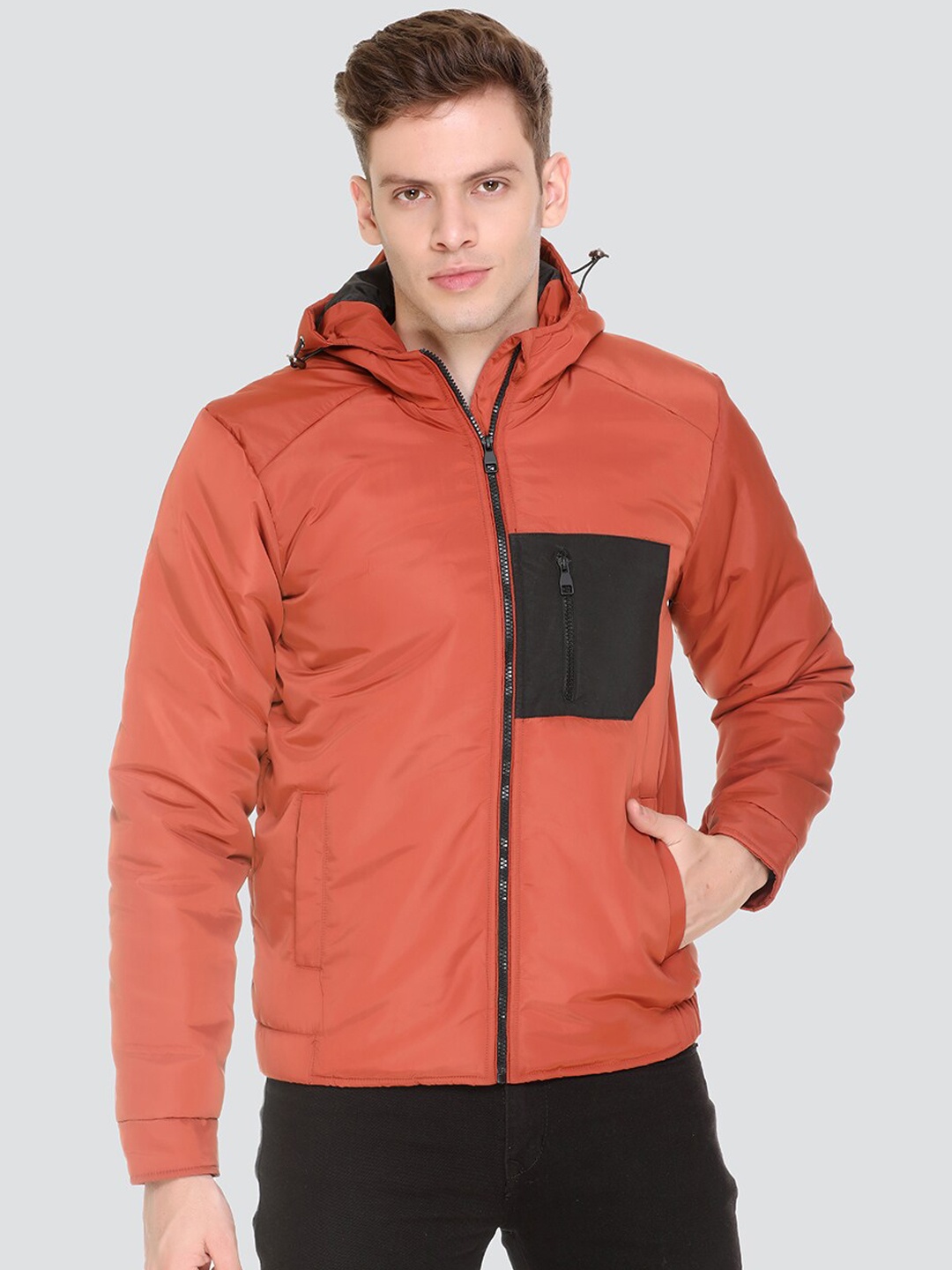 

HONNETE Men Rust Black Colourblocked Lightweight Puffer Jacket with Patchwork