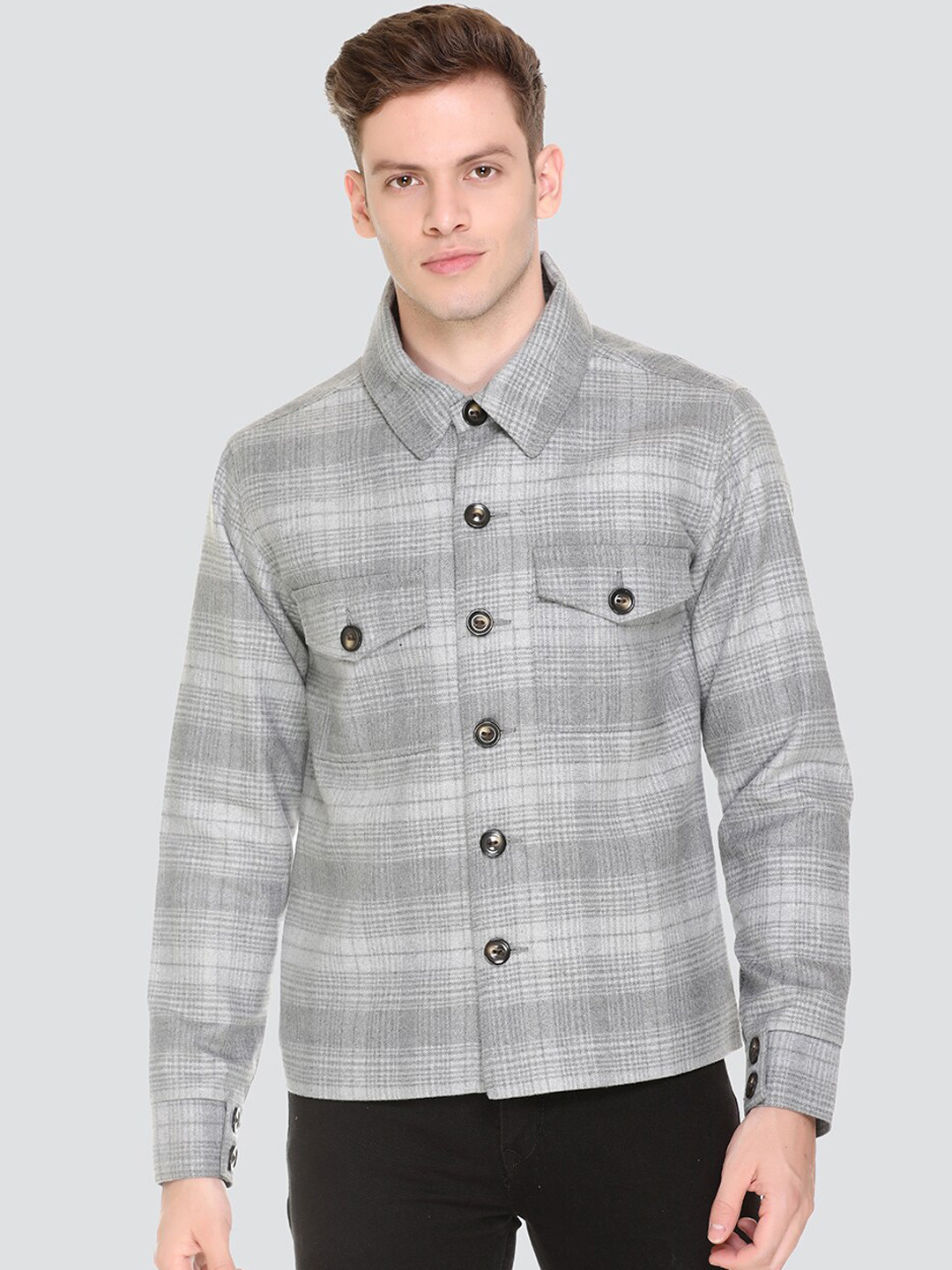 

HONNETE Men Grey Checked Lightweight Open Front Jacket